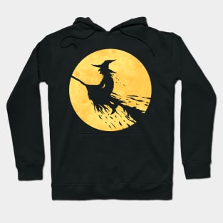 Witch On A Broom Flying In Front Of The Moon On Halloween Hoodie